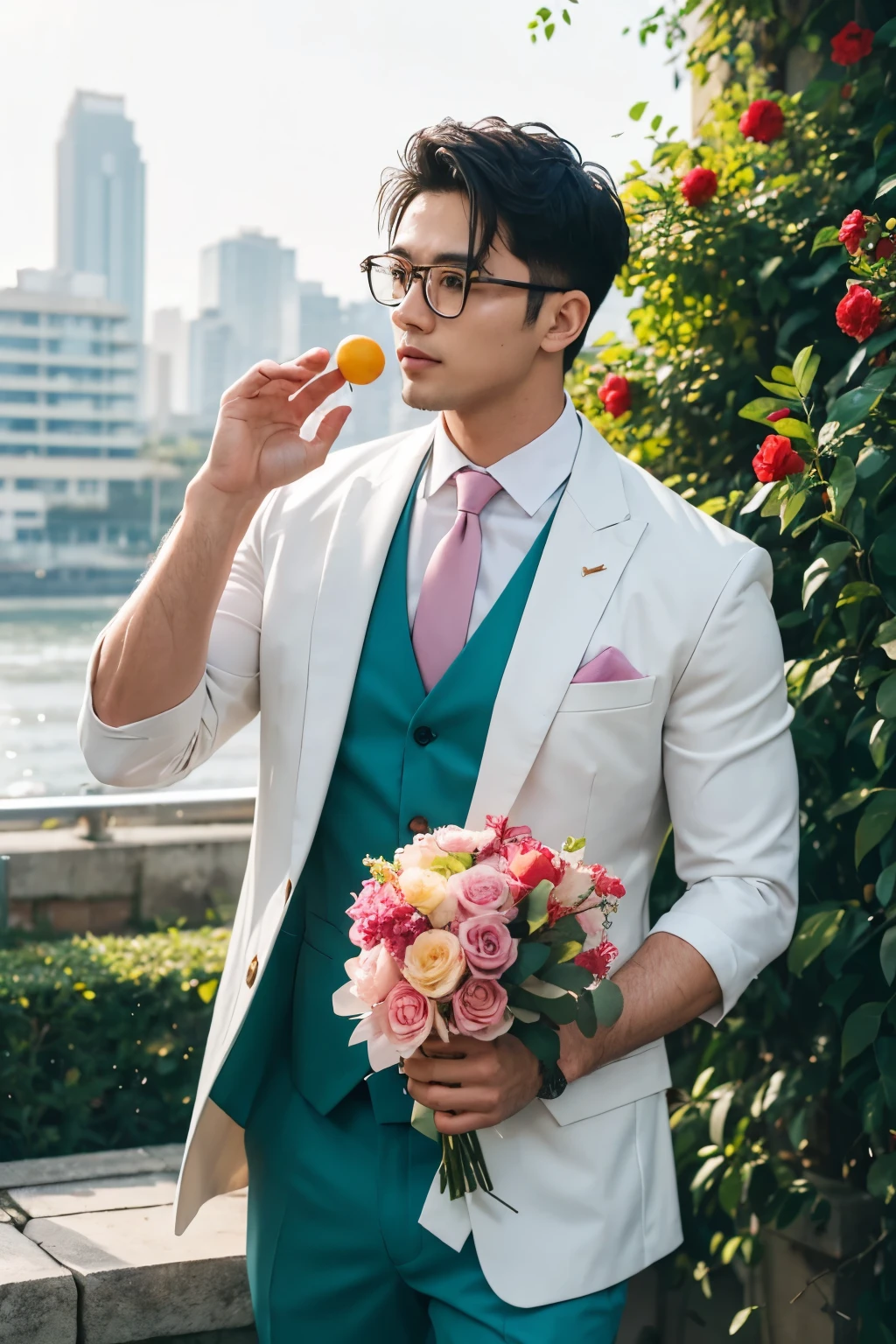 Handsome, muscular sportsman, wearing glasses, groom kissing the groom, see-through suit, wet fabric, blowing, waving, pastel colors, morning light, highly detailed pattern, seashore, splashing water, tall building top, rooftop, strong wind, red flowers, green leaves, small round oranges. Roses, lilacs, large trees, Diospyros buxifolia (Blume), Hiern, paper shoot, bright colored paper.