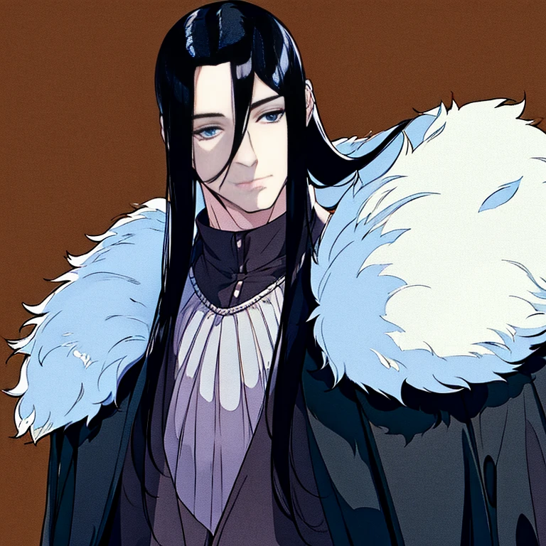 32 year old man, long black hair, ice blue eyes, pale complex, 5’8, wearing a fur coat.