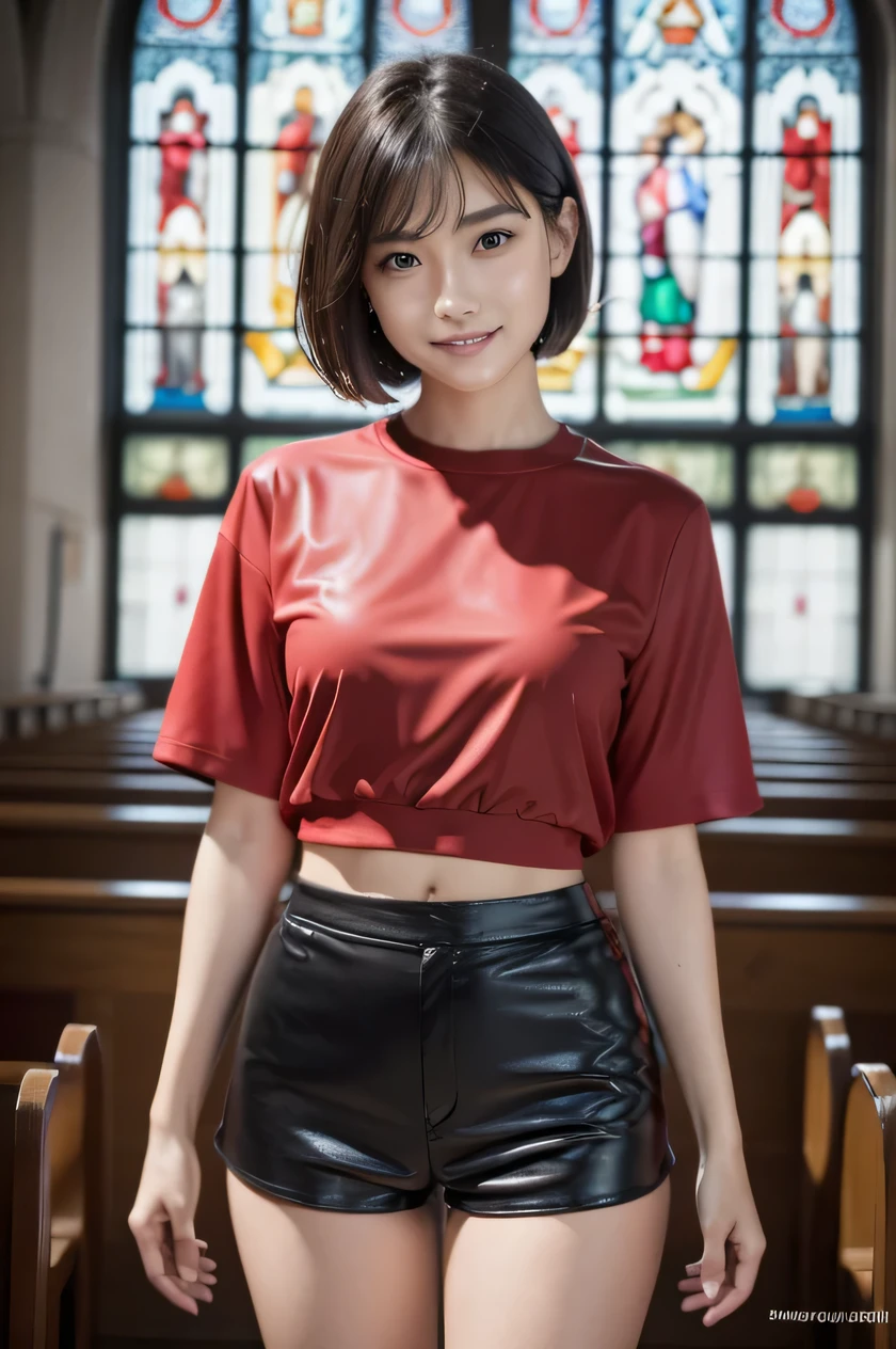 The beauty of 8K raw photos:2.0, Japanese woman, short hair, beautiful face and dark eyes, looking down, looking at the viewer:1.5, big smile, wet hair, tiny top, (red shirt and leather shorts:1.2), shinny skin, realistic:1.9, very detailed, full body shot:1.2, High resolution RAW color photos, professional photos, Taken at front of the stained glass in church, girl sexy portrait