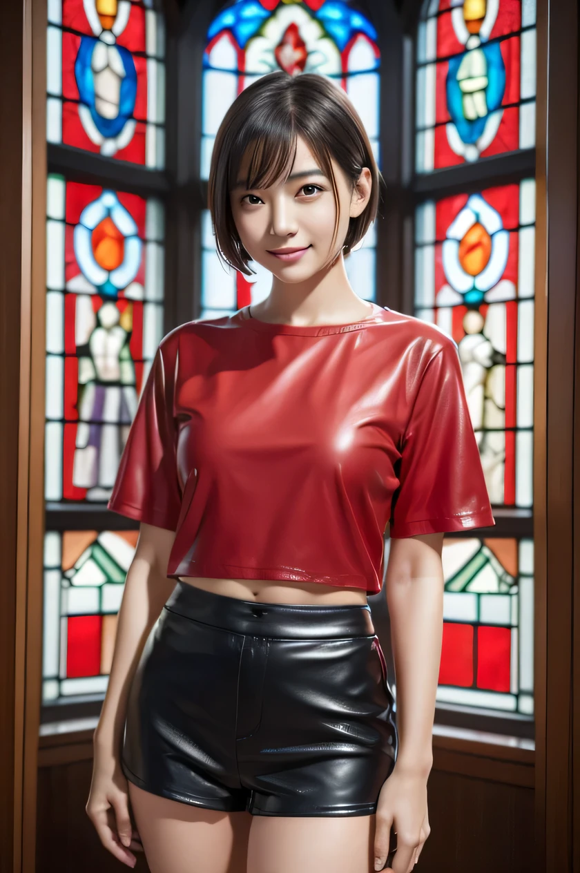 The beauty of 8K raw photos:2.0, Japanese woman, short hair, beautiful face and dark eyes, looking down, looking at the viewer:1.5, big smile, wet hair, tiny top, (red shirt and leather shorts:1.2), shinny skin, realistic:1.9, very detailed, full body shot:1.2, High resolution RAW color photos, professional photos, Taken at front of the stained glass in church, girl sexy portrait
