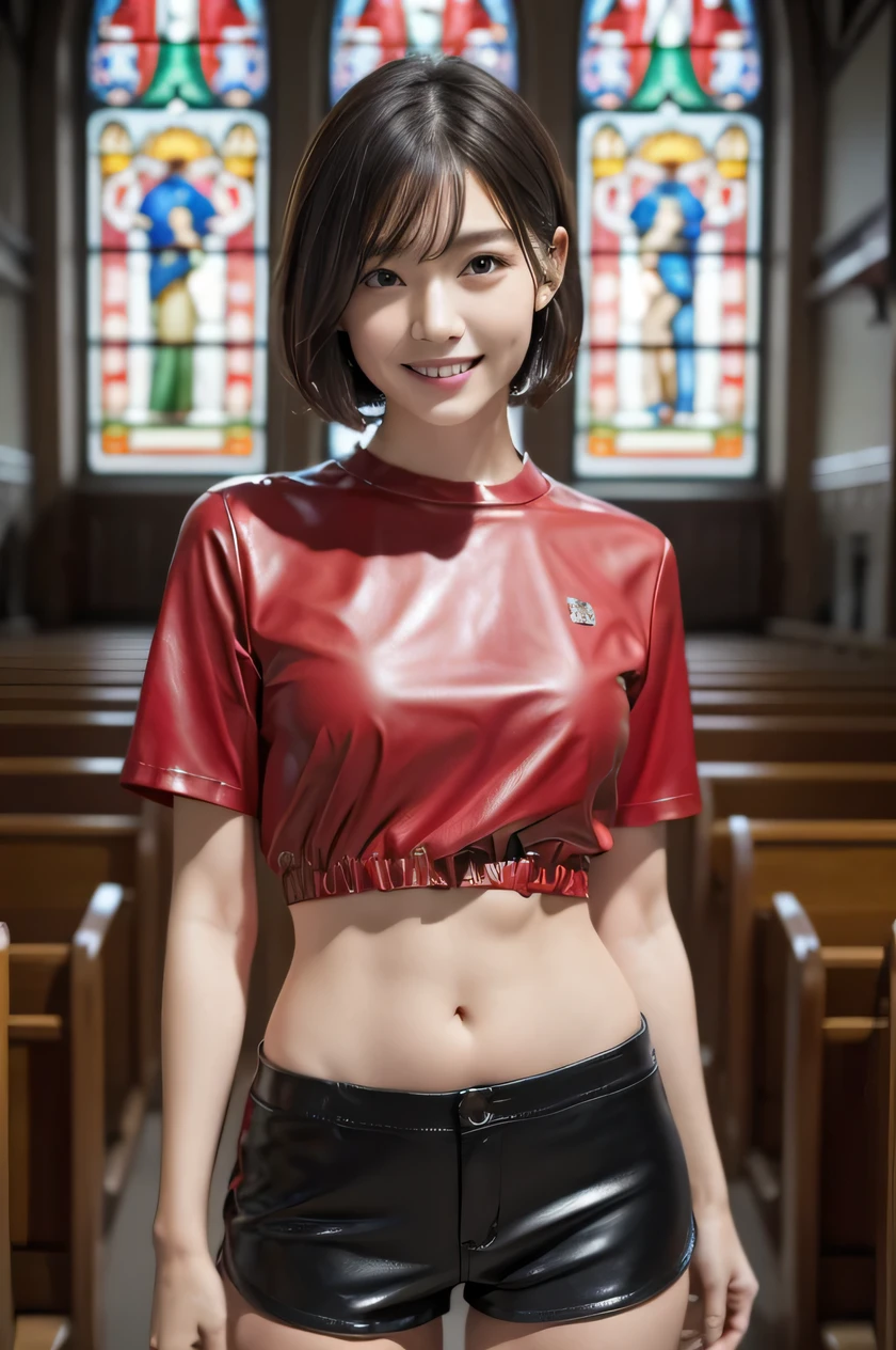 The beauty of 8K raw photos:2.0, Japanese woman, short hair, beautiful face and dark eyes, looking down, looking at the viewer:1.5, big smile, wet hair, tiny top, (red shirt and leather shorts:1.2), shinny skin, realistic:1.9, very detailed, full body shot:1.2, High resolution RAW color photos, professional photos, Taken at front of the stained glass in church, girl sexy portrait