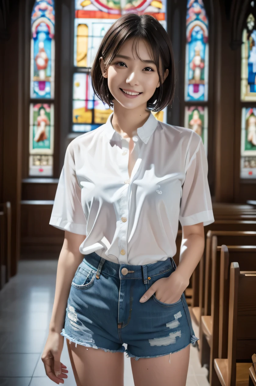 The beauty of 8K raw photos:2.0, Japanese woman, short hair, beautiful face and dark eyes, looking down, looking at the viewer:1.5, big smile, wet hair, tiny top, (white shirt and denim shorts:1.2), shinny skin, realistic:1.9, very detailed, full body shot:1.2, High resolution RAW color photos, professional photos, Taken at front of the stained glass in church, girl sexy portrait