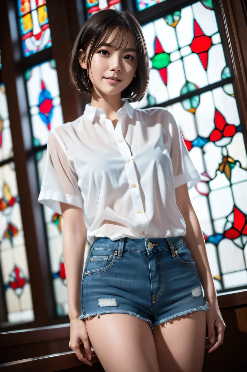 The beauty of 8K raw photos:2.0, Japanese woman, short hair, beautiful face and dark eyes, looking down, looking at the viewer:1.5, big smile, wet hair, tiny top, (white shirt and denim shorts:1.2), shinny skin, realistic:1.9, very detailed, full body shot:1.2, High resolution RAW color photos, professional photos, Taken at front of the stained glass in church, girl sexy portrait