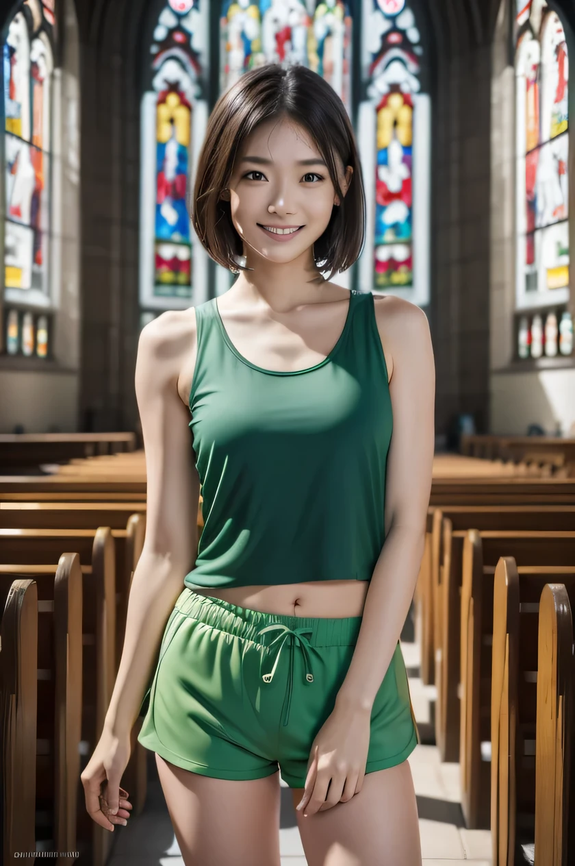 The beauty of 8K raw photos:2.0, Japanese woman, short hair, beautiful face and dark eyes, looking down, looking at the viewer:1.5, big smile, wet hair, tiny top, (green tanktop and green shorts:1.2), shinny skin, realistic:1.9, very detailed, full body shot:1.2, High resolution RAW color photos, professional photos, Taken at front of the stained glass in church, girl sexy portrait