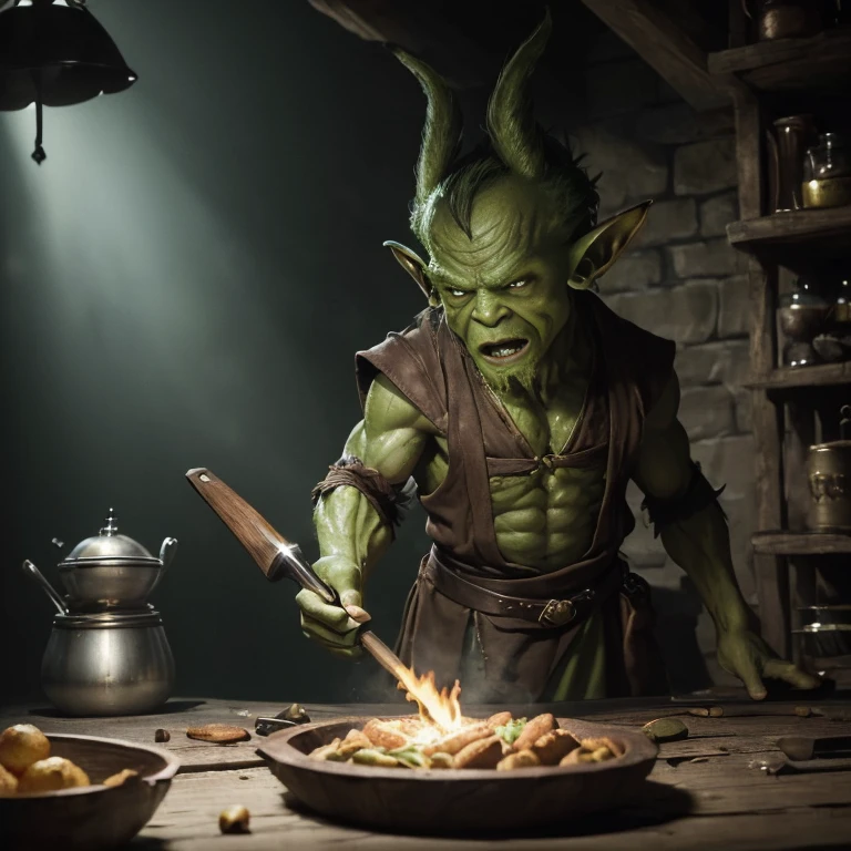 (master piece:1.5), (best quality:1.5), (exquisite lighting and shadow, highly dramatic picture, cinematic lens effect) (Photorealistic picture) (Card game image) 8k, wallpaper, dynamic pose, a ugly shorty light green skin goblin with big ears wearing a pointy and damaged wizard brown tunic, holding a frying pan, dark cave background, highly detailed, realistic, cinematic lighting, studio quality
