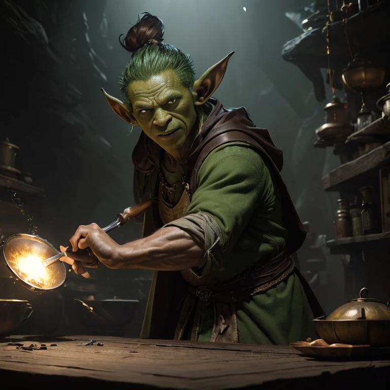 (master piece:1.5), (best quality:1.5), (exquisite lighting and shadow, highly dramatic picture, cinematic lens effect) (Photorealistic picture) (Card game image) 8k, wallpaper, dynamic pose, a ugly shorty light green skin goblin with big ears wearing a pointy and damaged wizard brown tunic, holding a frying pan, dark cave background, highly detailed, realistic, cinematic lighting, studio quality
