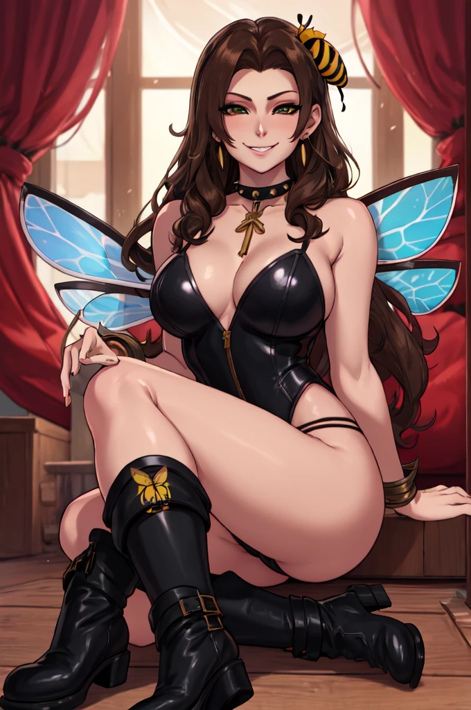 sfw, cartoon, aerith gainsborough reimagined as a horny girl in honeybee costume frome final fantasy 7, full body, (masterpiece, best quality), beautiful face, (22yr old, beautiful girl, solo:1.1),brown_hair ,long_hair, pixiv, evil smile, sadistic, erotic lips, seductive eyes, drooping eyes, provocative expression, smirks, squint, enraptured, fascinated, scornful laughter, aroused, lovely, naughty face, half closed eyes, fearless smile, crazy smile,toned female, glamorous perfect female proportion, wide hips, extremely shiny, reflecting light, awesome metallic surface texture, cute, akiba, anime face, moe, yellow and black striped hair, wasp ornament, Yellow and black striped boots, wasp transparent wings, bee Transparent wings, wasp antennae, wasp printed, Honeycomb printed, poison needle, yellow and black striped fur, spike choker, earrings, best quality, amazing quality, very aesthetic,