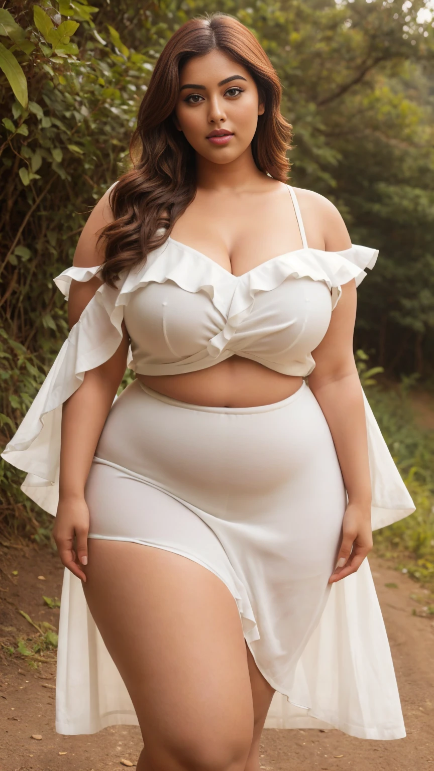 Indian beautiful curvy plus size Actress Madhubala curvy plus size body beautiful model wearing white color SHEIN Swim Curve Plus Ruffle Hem Tie Shoulder Cover Up Dress posing for a picture in Araku Valley India, camera front facing, smilling face, head to toe view, full body shot, hourglass body shape, close shot, close body shot, close camera view, curvy plus size body, bigger waist, busty, big hips, fleshy thighs, thick thighs, busty, full body view, head to to view, full body shot, beautiful curves, curvy model, attractive curves, attractive feminine curves, gorgeous woman, Araku Valley India background