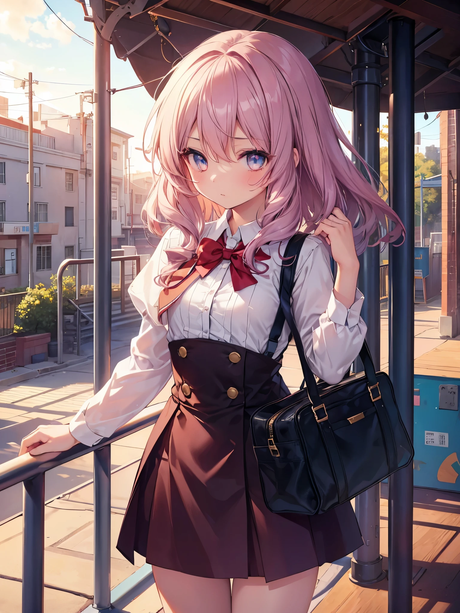 1girl, ((small breasts)), ((iron color hair)), ((coffee color eyes)), magical girl, dress, ((school)), playground