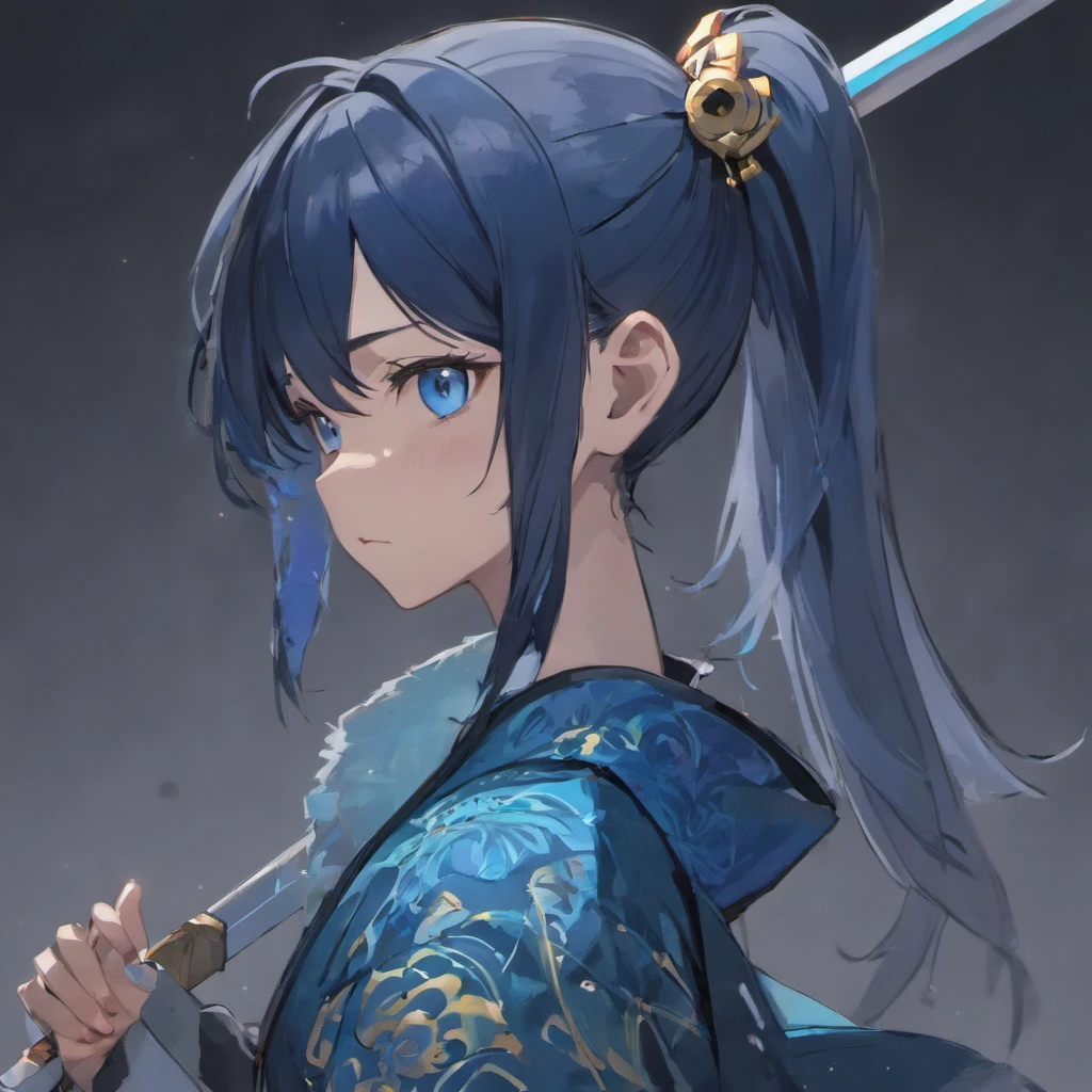 a tall, stoic swordsman with silver and black hair tied in a ponytail, piercing blue eyes, and a scar across his cheek? He wears traditional samurai armor adorned with intricate designs, and his expression exudes a mix of determination and wisdom.