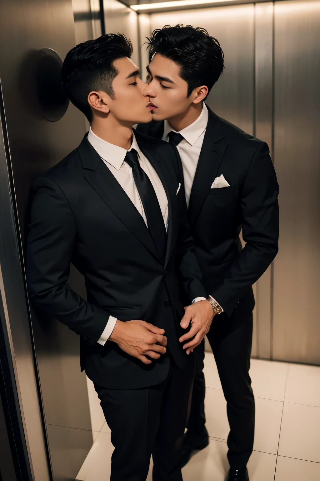 two men, two males, hyper realistic image of extremely handsome 30 year old filipino man, mature features, wearing a fancy suit, kissing a handsome 30 year old muscular filipino man wearing a fitted black suit, in an enclosed elevator, sex from behind, standing sex, perfect face, front view, full body, fill frame, zoomed out, highly detailed, intricate details, sharp focus