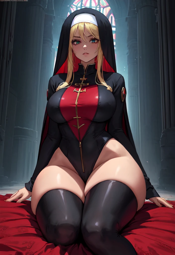 anime nun girl in a black outfit sitting on a red floor, nun outfit, nun, wearing shiny breastplate, cyberpunk, divine ray over her head, holy armor, holy cyborg necromancer girl, vampire nun, behind her a gothic cathedral, thicc, blood rayne, vampir hunter d