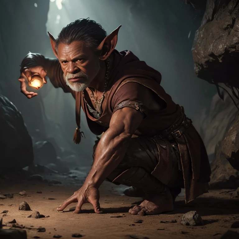 (master piece:1.5), (best quality:1.5), (exquisite lighting and shadow, highly dramatic picture, cinematic lens effect) (Photorealistic picture) (Card game image) 8k, wallpaper, dynamic pose, a ugly shorty red skin goblin with big ears wearing a wizard brown tunic, dark cave background, highly detailed, realistic, cinematic lighting, studio quality
