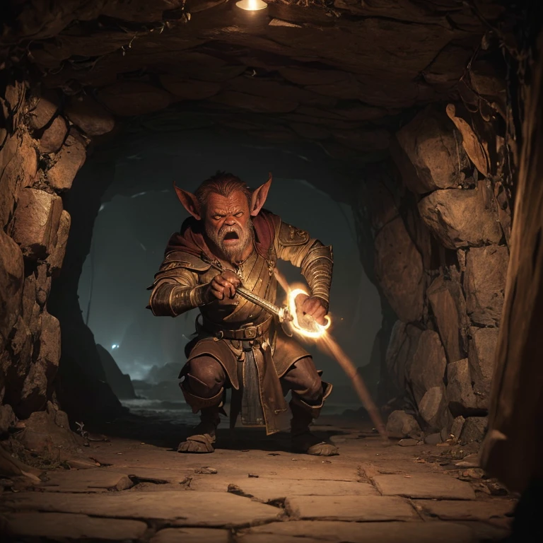 (master piece:1.5), (best quality:1.5), (exquisite lighting and shadow, highly dramatic picture, cinematic lens effect) (Photorealistic picture) (Card game image) 8k, wallpaper, dynamic pose, a ugly shorty red skin goblin with big ears wearing a wizard brown tunic, dark cave background, highly detailed, realistic, cinematic lighting, studio quality