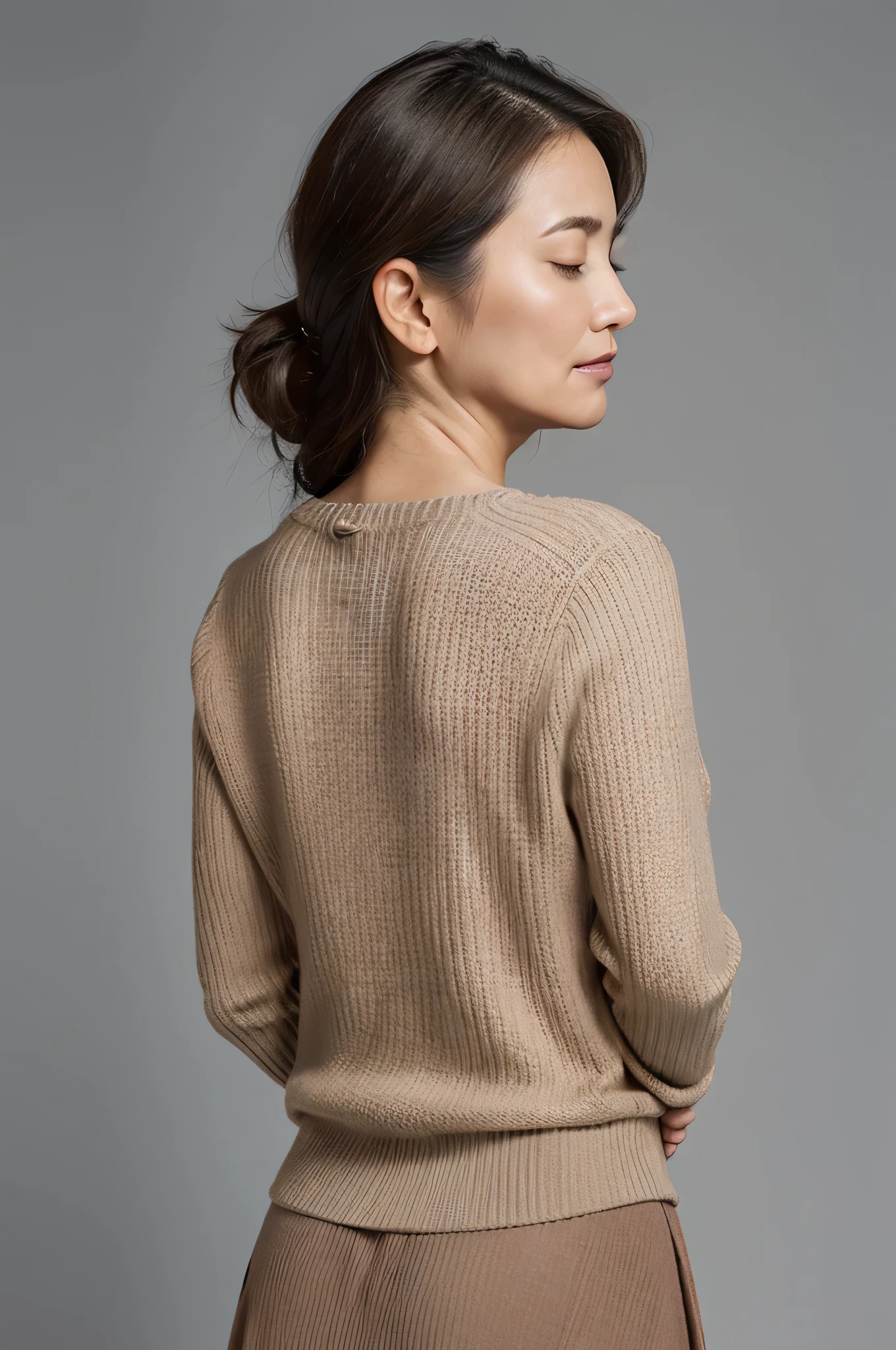 A woman stands with her arms crossed and turns around, Emotional and beautiful scenery, High resolution highest resolution, High level image quality, high detail, masterpiece, textured skin, Anatomically correct, sharp, gray background, ((japanese mature, 55 years old)), alone, ((wrinkles appear on the face)), big bust, nice body, Light brown straight hair that reaches shoulder length, chubby body type, Closed eyes and sad face, (((back, Turn your back to the center of the screen.))), Close your mouth and look back with a serious face.., sweater, skirt side,