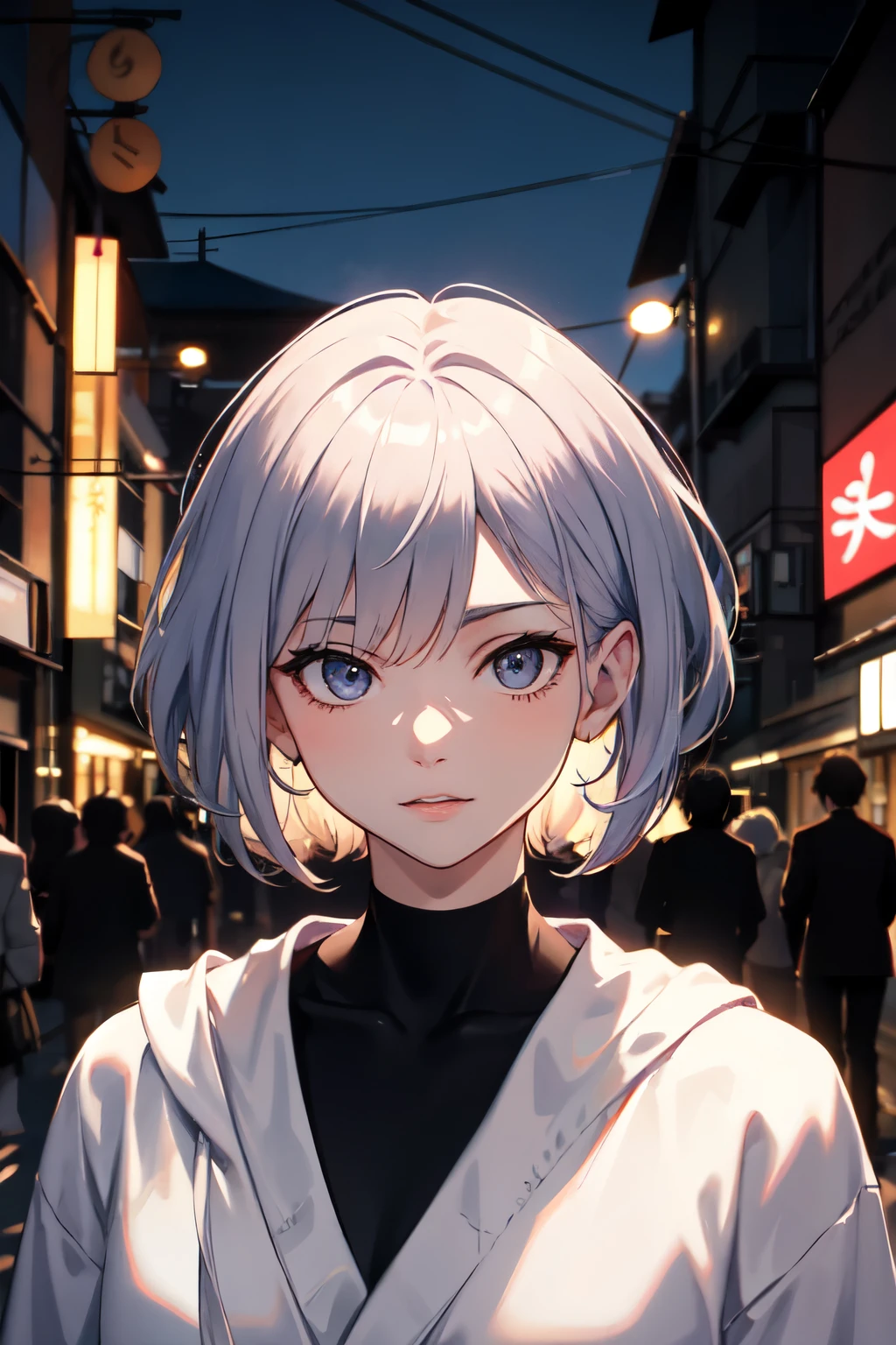 melhor qualidade, mais detalhes, obra de arte, 1 menino, Kaneki Ken, retrato, foco masculino, olhos vermelhos, Sozinho, franja, olhando para o espectador, capuz, cabelo curto, chuva, Tokyo Tokyo \(cidade\), capuz up, esmalte, cabelo branco, luxuoso, 8k, detalhado, Rastreamento de raio, profundidade de campo, cinematic lighting,