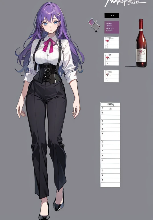 Purple hair,Long hair,Adult female,Bartender,((Body harness)),((Rolling up your sleeves shirt)),(Corset),(slacks),(slit),High heels,((Simple background)),Smile,((Full body)),((whole body)),Character Sheet,