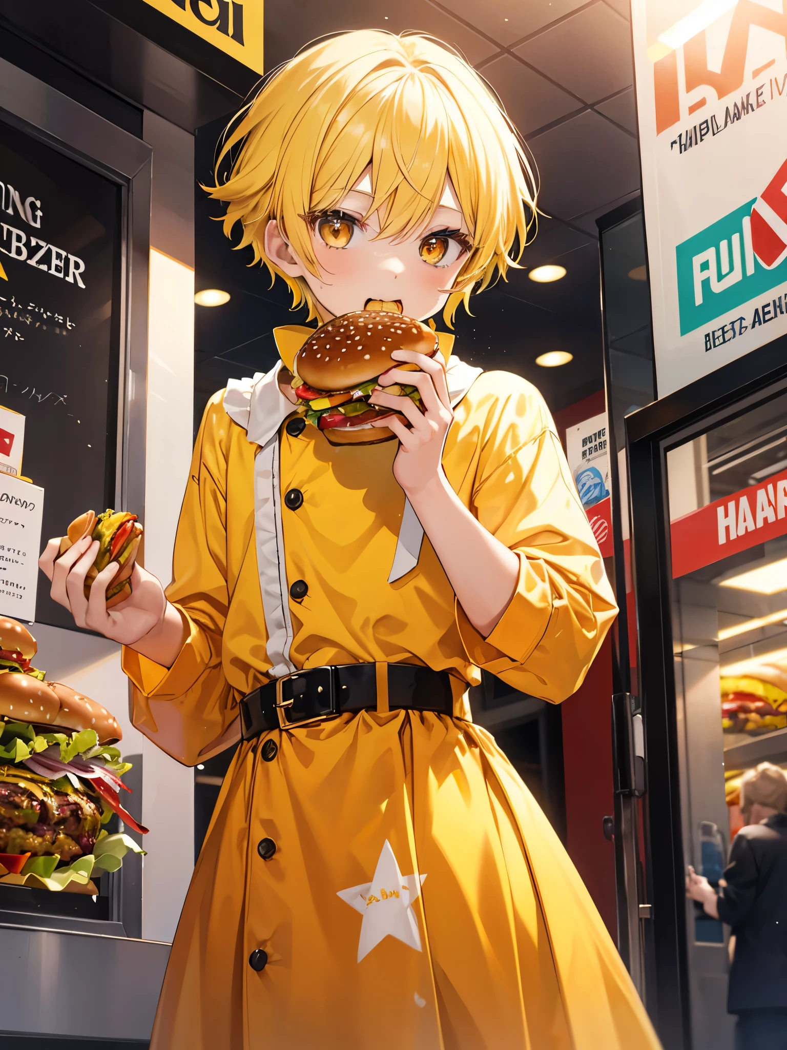 1boy, lemon yellow hair, beautiful boy, orange eyes, dress, idol costume, yellow clothes, ((eating hamburger))