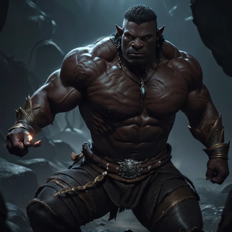 (master piece:1.5), (best quality:1.5), (exquisite lighting and shadow, highly dramatic picture, cinematic lens effect) (Photorealistic picture) (Card game image) 8k, wallpaper, dynamic pose, a big muscle black skin orc warrior, dark lava cave background, highly detailed, realistic, cinematic lighting, studio quality
