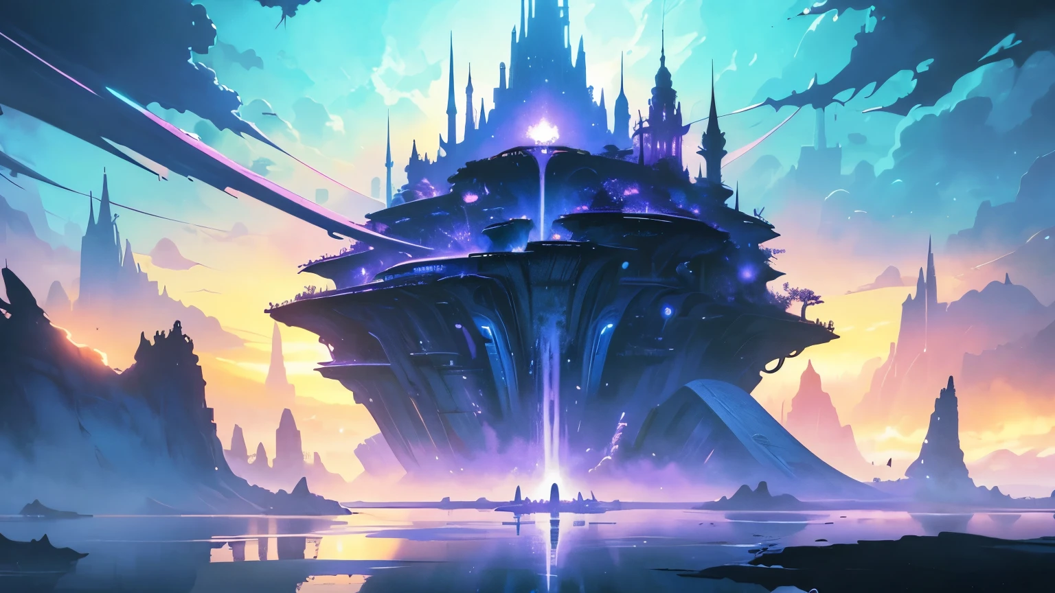 bruce pennington In a dreamlike landscape of floating islands, surreal world filled with vibrant blue and purple flora, their presence a stark contrast to the fantastical surroundings.