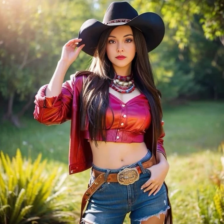 (best quality,4k,8k,highres,masterpiece:1.2),ultra-detailed,(realistic,photorealistic,photo-realistic:1.37),1girl,(18years old),(Excella_re5),(irene1),beautiful detailed brown eyes,beautiful detailed lips,extremely detailed eyes and face,long eyelashes,(192cm tall),gorgeous female figure,toned and sculpted physique,fit and slender body,well-defined muscles and curves,flawless skin,(tall and graceful posture),radiating confidence and elegance,perfect proportions,enviable hourglass shape,impeccable body symmetry,healthy and vibrant appearance,beautiful long legs,raven-black hair,cleavage breasts,((wearing a (red) sexy ethnic style embroidered tunic)),(sharp focus),(portraits),(ultra-detailed, highres, colorful),vibrant color,simple background,professional photography,cowgirl in the horse stables,smiling face,riding boots,horse grooming,wooden stable doors,hay stack,western saddle,tethered horses,dusty atmosphere,sunlit stable,soft morning light,quiet and peaceful,serene ambiance,stable scene,floral patterned bandana,leather chaps,fringed,western hat,stable tools,neatly stacked horse feed,loyal horses,majestic animals,humble surroundings,gentle expressions,patient horses,one with nature,farm life,harmony with animals,working closely with horses,connection between human and animal.