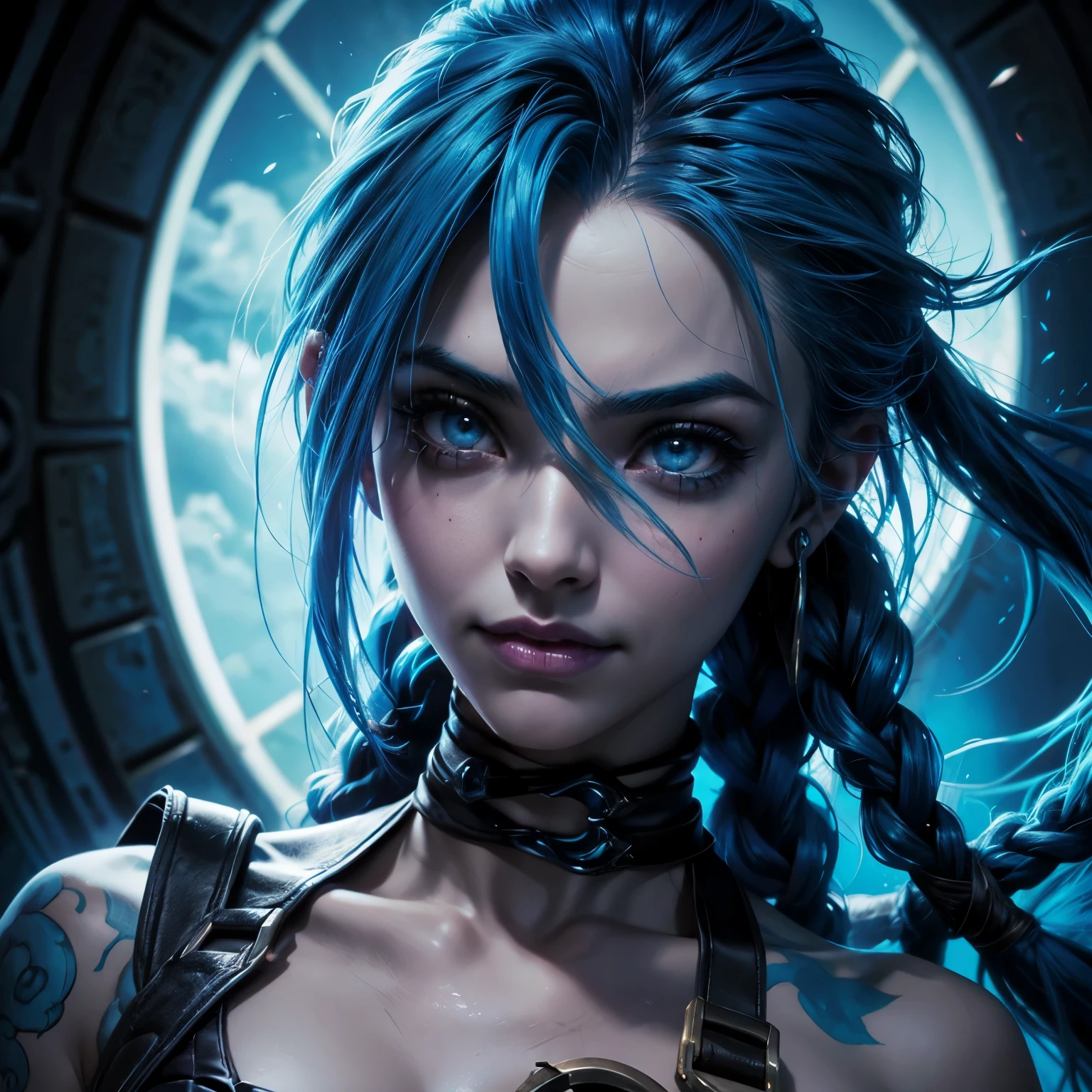 jinx de league of legends, ciudad dark colors blue , blue. cinematica. hd. arriba de un cohete. jinx de pelo blue. sad cara de loca, sad, triste, sonrisa de loca
