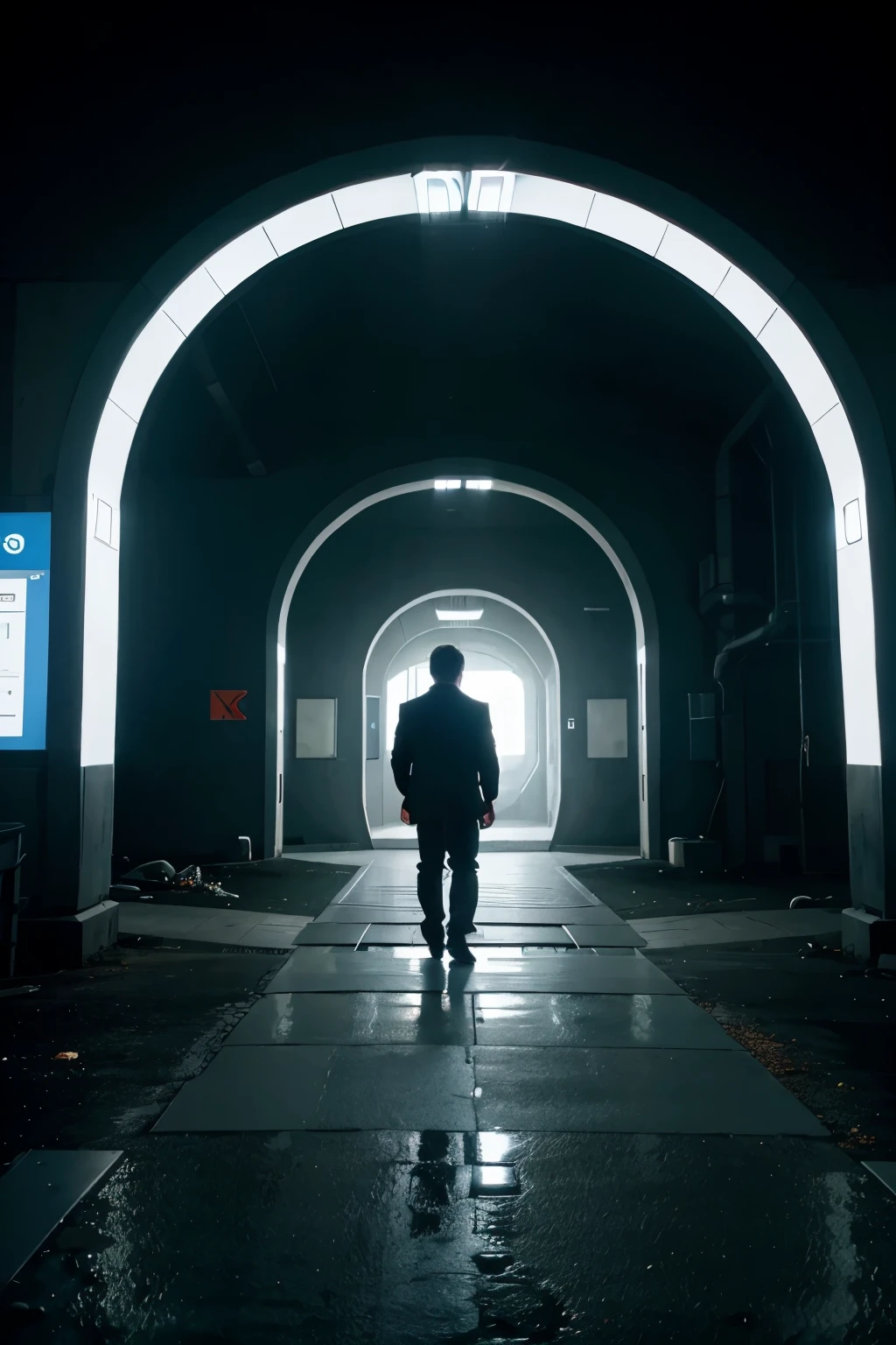 create a man walking into a futuristic portal