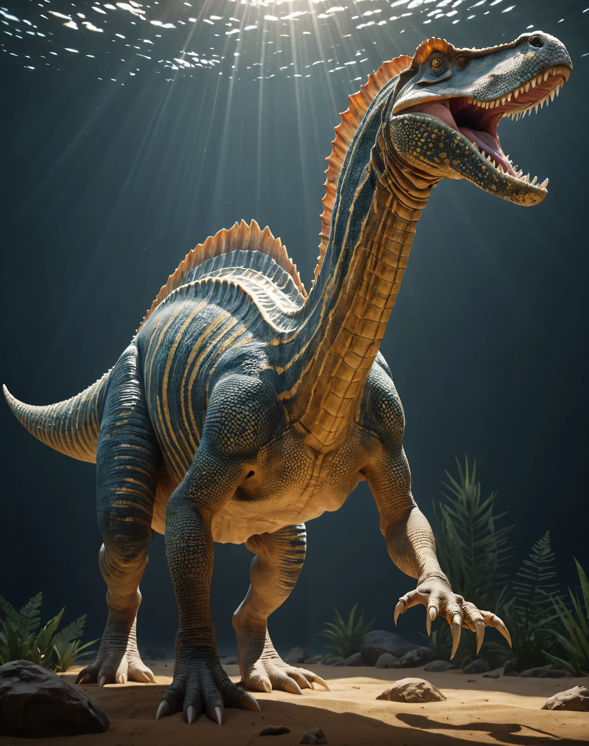 A highly detailed Spinosaurus standing proudly, full body, its scales shimmering under the sunlight, sharp teeth visible as it opens its mouth slightly, Illustration, digital painting with a focus on intricate details, (((Without background))), head of Spinosaurus with hypnotic eyes, walking on hind legs with (short-arms:2)and scales and long neck, large spiney back, award winning photograph + cinematic shot + photos taken by ARRI 65 + incredibly detailed, sharpen, details + professional lighting, photography lighting + 50mm, 80mm, 100m + lightroom gallery + behance photographys + unsplash, global illumination, epic award winning photograph (subsurface scattering:1.3), intracate details, ambient occlusion, global illumination, realism, hyper realistic, hyper detailed