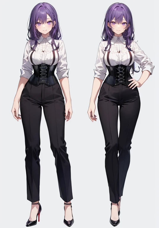 Purple hair,Long hair,Adult female,Bartender,((Body harness)),((Rolling up your sleeves shirt)),(Corset),(slacks),(slit),High heels,((Simple background)),Smile,((Full body)),((whole body)),Character Sheet,