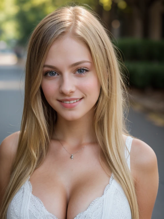 blonde haired teen girl, Hyper realistic and detailed full body photo, gorgeous girl, smiling, natural lighting, perfect eyes, dark makeup, (highly detailed pale skin), pretty girl, 3/4 portrait, Teen, Teenager, youthful, young, slim, skinny, thin, super long hair, cleavage, (huge breasts), #petite, 2010s, modeling in a studio