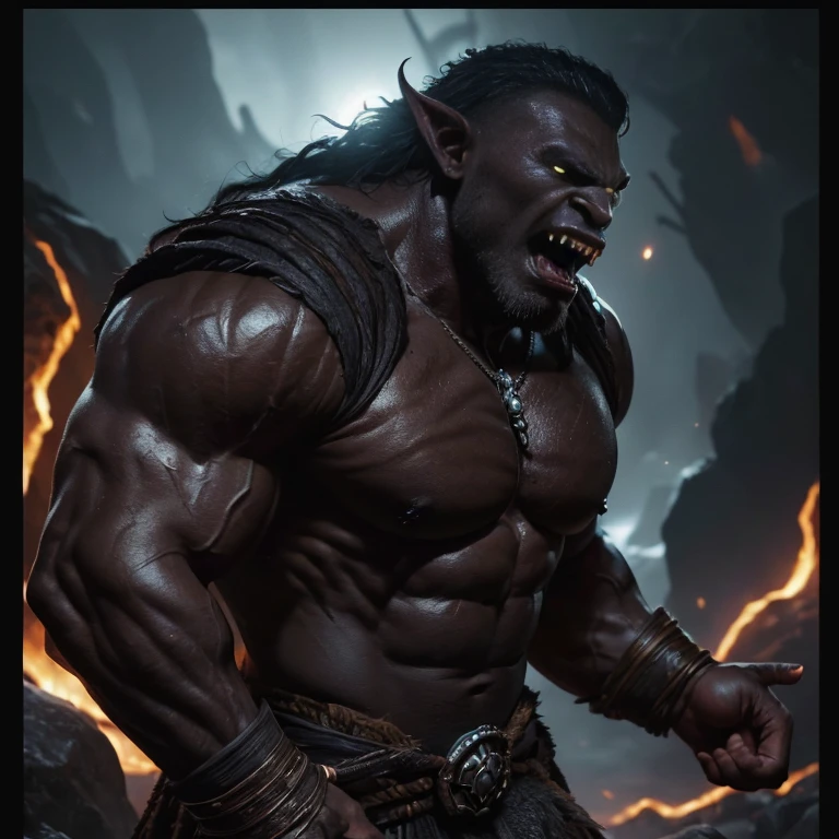 (master piece:1.5), (best quality:1.5), (exquisite lighting and shadow, highly dramatic picture, cinematic lens effect) (Photorealistic picture) (Card game image) 8k, wallpaper, dynamic pose, a big muscle black skin orc warrior, big fangs, large arms, dark lava cave background, highly detailed, realistic, cinematic lighting, studio quality

