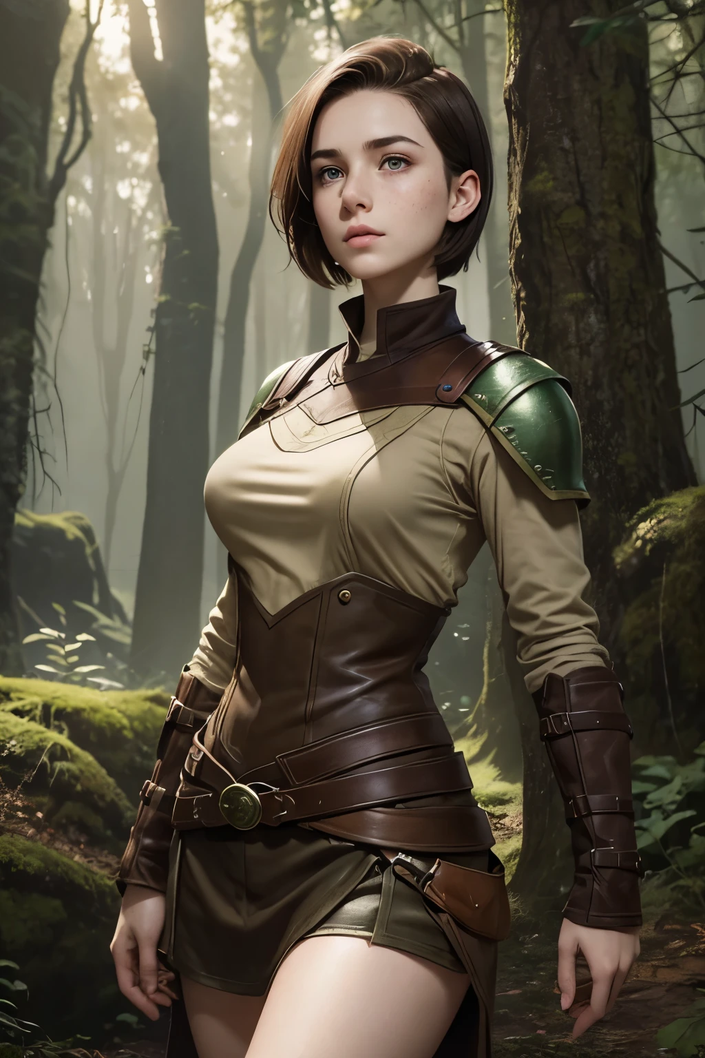 A young female ranger in a fantasy setting with an undercut. Wearing a brown and green leather armor. She is rather slim. Very small breasts. Wide hips and long thick legs. Extremly pale skin with liverspots. Dark brown hair sidecut. A very very short boyish haircut. Extremly short hair with sidecut. A narrow soft face. Soft round chin. Rather big forehead. A very long and big nose. Cute curved lips. Big upturned eyes. Very bright and barley visible eyebrows. Very very thin eyebrows. Pale skin with freckles and liverspots. Long neck. Soft, Kind, friendly, Intelligent. Background: A romantic colourful forest.