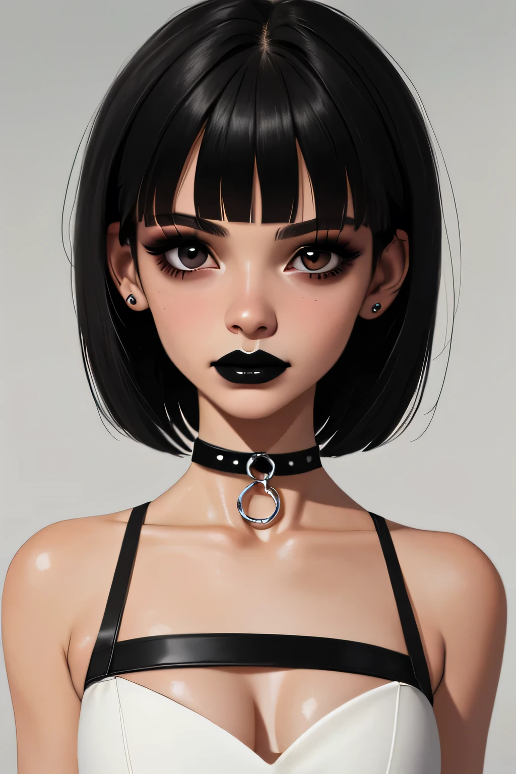 gothic,makeup,black lips, closeup:1.5, eyeliner:1.8, disinterested, latex dress,
piercing, leather choker, dark black hair, short hair, bangs, simple colored background, masterpiece, beautiful, female, 1girl, solo,