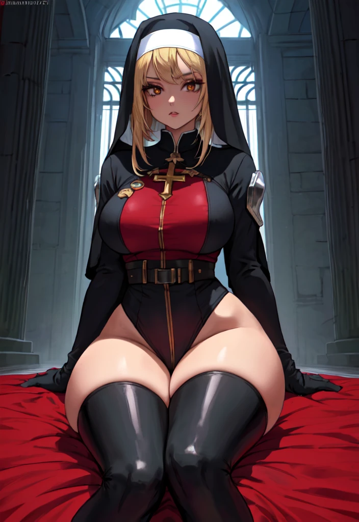 anime nun girl in a black outfit sitting on a red floor, nun outfit, nun, wearing shiny breastplate, cyberpunk, divine ray over her head, holy armor, holy cyborg necromancer girl, vampire nun, behind her a gothic cathedral, thicc, blood rayne, vampir hunter d