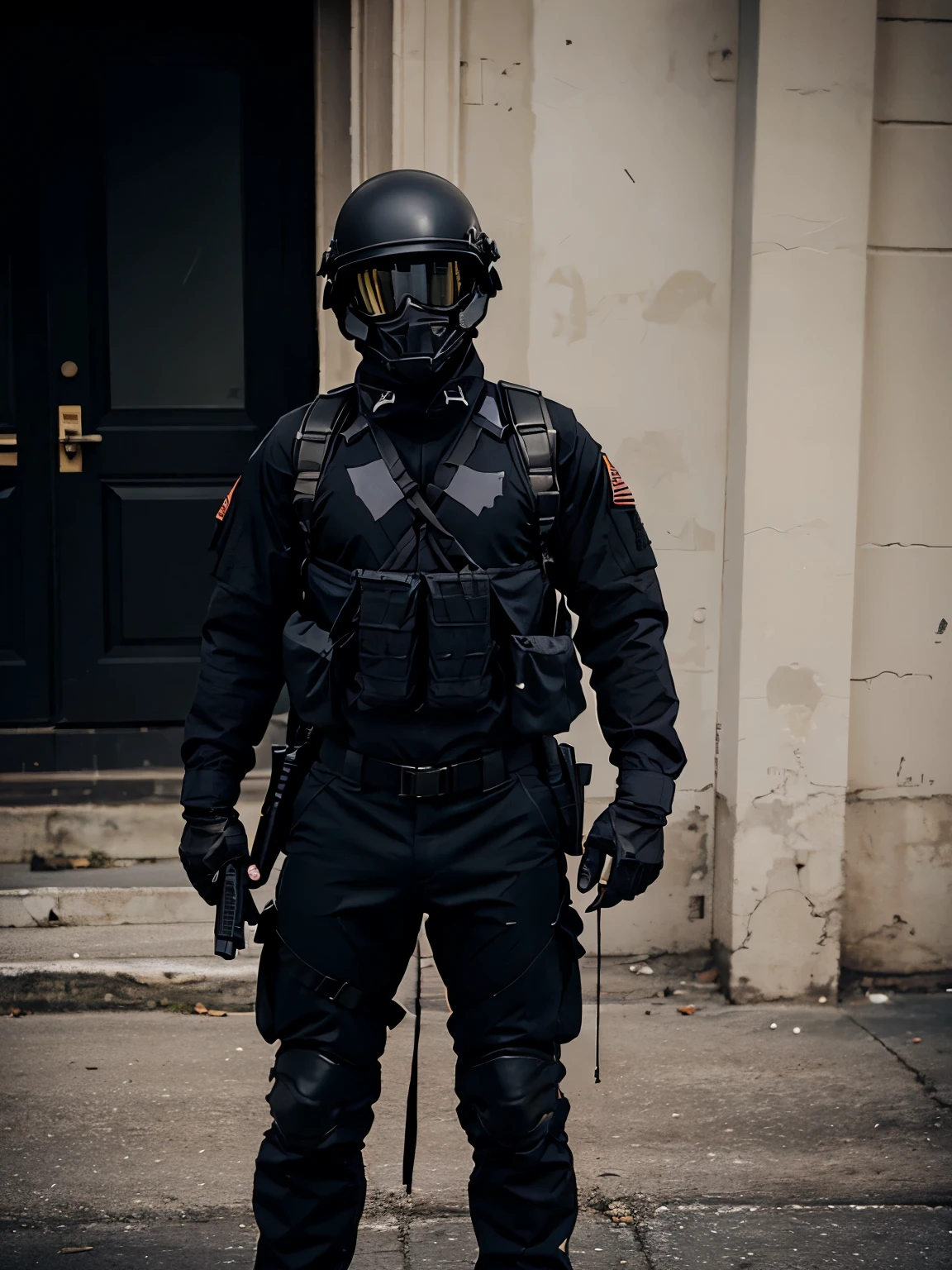 soldier with a black helmet that covers his entire face, his helmet has a black visor, his suit consists of a jacket and dark tactical pants, he carried a modified M16 rifle, black boots and a sign of three black rings that formed a unit stuck on shoulders.
