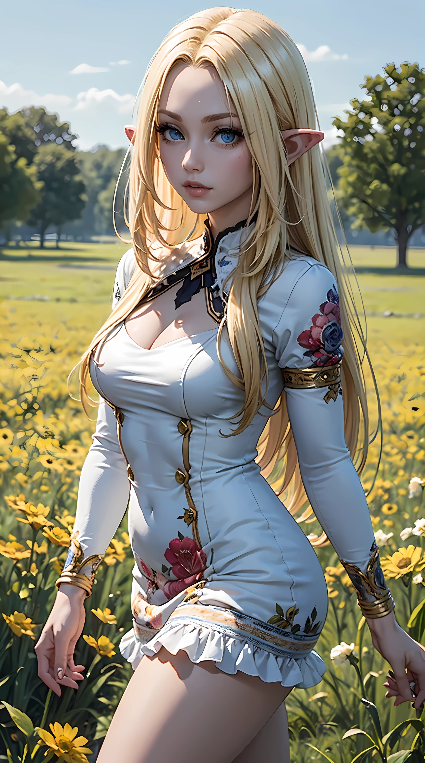 Beautiful long blonde hair woman is shown to have a sexy figure. She is wearing a  beautiful detailed spring printed Resort Style Square Neck Puff Sleeve Ruffle Hem Dress, jewelry, she has pointy ears, blue eyes,Girl standing outside in a field, sexy session, poseing, cowboy shot, superior quality, many details, realistic