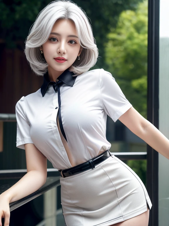 Photorealistic, high resolution, 1 Women, Solo, Hips_Up, Hips up, Beautiful eyes, view the viewer, Close lips, Detailed face, White hair, Long hair, half-opened Collared unbuttoned transparant shirt, Black mini short tight skirt