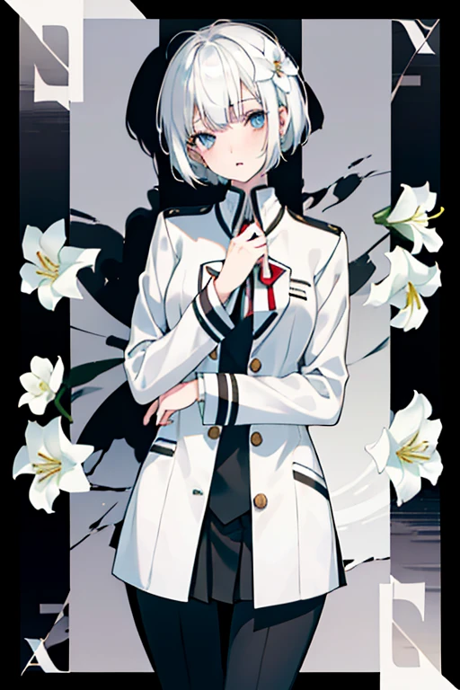 1girl in original , white hair, dark eyes, (stylish short hair cuts), Two-tone hair, (school uniform) white shirt, (school coat), (lily flower school crest), The upper part of the body, (Beautiful Detail Eye: 1.1), (Detailed hand), (Detail light: 1.1), Film Light, light skinned, (looking at the viewers), (magazine:1.3), (cover-style:1.3), Fashionable, 