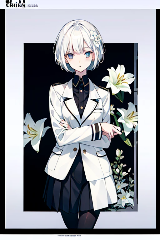 1girl in original , white hair, dark eyes, (stylish short hair cuts), Two-tone hair, (school uniform) white shirt, (school coat), (lily flower school crest), The upper part of the body, (Beautiful Detail Eye: 1.1), (Detailed hand), (Detail light: 1.1), Film Light, light skinned, (looking at the viewers), (magazine:1.3), (cover-style:1.3), Fashionable, 