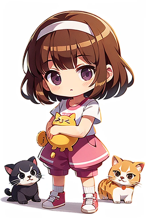 A three-year-old girl,Standing and holding kittens,Children's illustration style,Q version,Illustration style,with a pure white background,brown hair,green top,Pink pants,White sneakers,Whole body diagram,Multiple Pose,holding candy, white hairband, pear bracelet