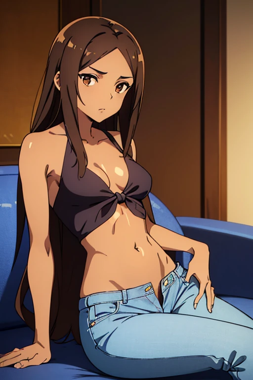 ((best quality)), ((masterpiece)), (detailed), perfect face, brown skin anime woman in a deep V-neck tied top, (bare shoulders), (jeans), (long hair), starving, (resting hands on the stomach), (hands on the stomach), (slim woman), (shiny skin), (shiny arms), (sitting on the couch)