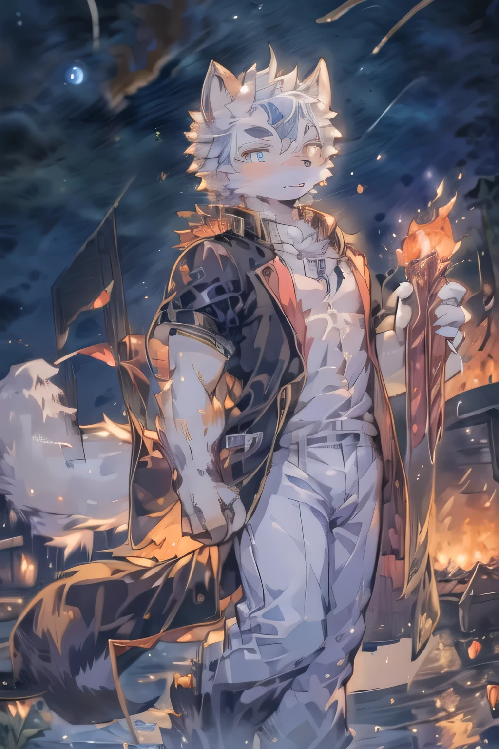 anime character with a cat tail and a cat tail standing in front of a fire, fire!! whole body, From the School of Mysterious Creatures, Angry moral sexy werewolf, from the night of the ark, Popular on artstation pixiv, (SFW) Work, Cool Anime 8K, Handsome guy in the art of slaying demons, official art, White haired orc