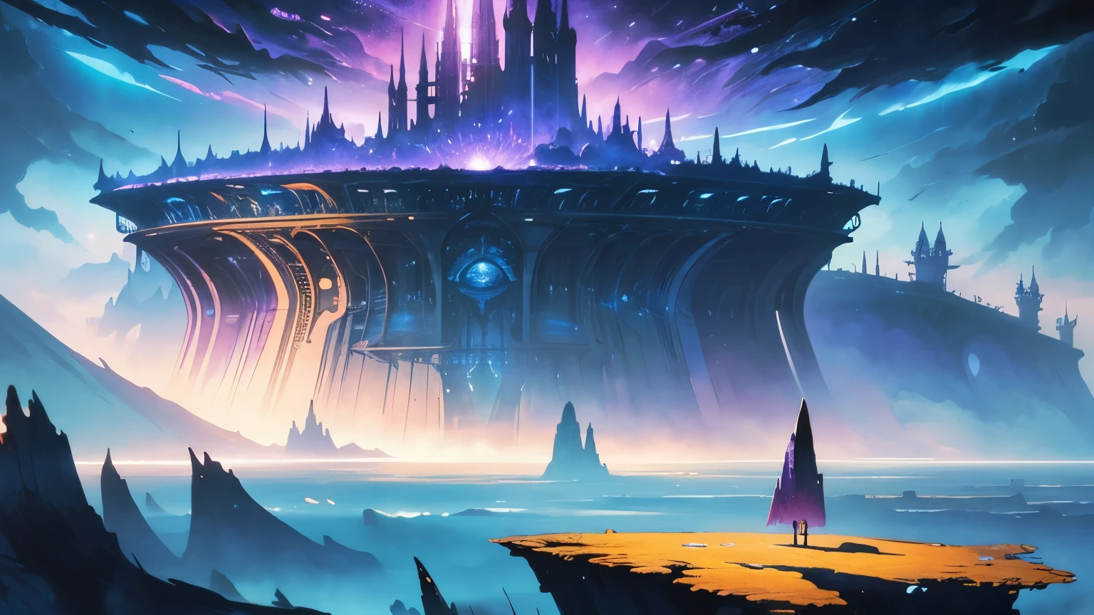 bruce pennington In a dreamlike landscape of floating islands, surreal world filled with vibrant blue and purple flora, their presence a stark contrast to the fantastical surroundings.