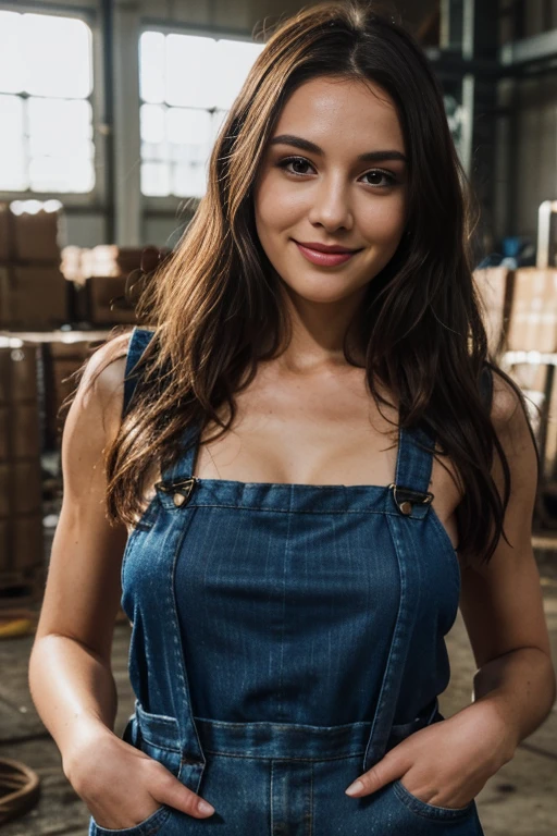 a woman, 25ear old, long brunette hairs, 8K, UHD, flash lighting, professional lighting, textured skin, romantic smile, dans une usine, wearing only an overalls, lace overalls