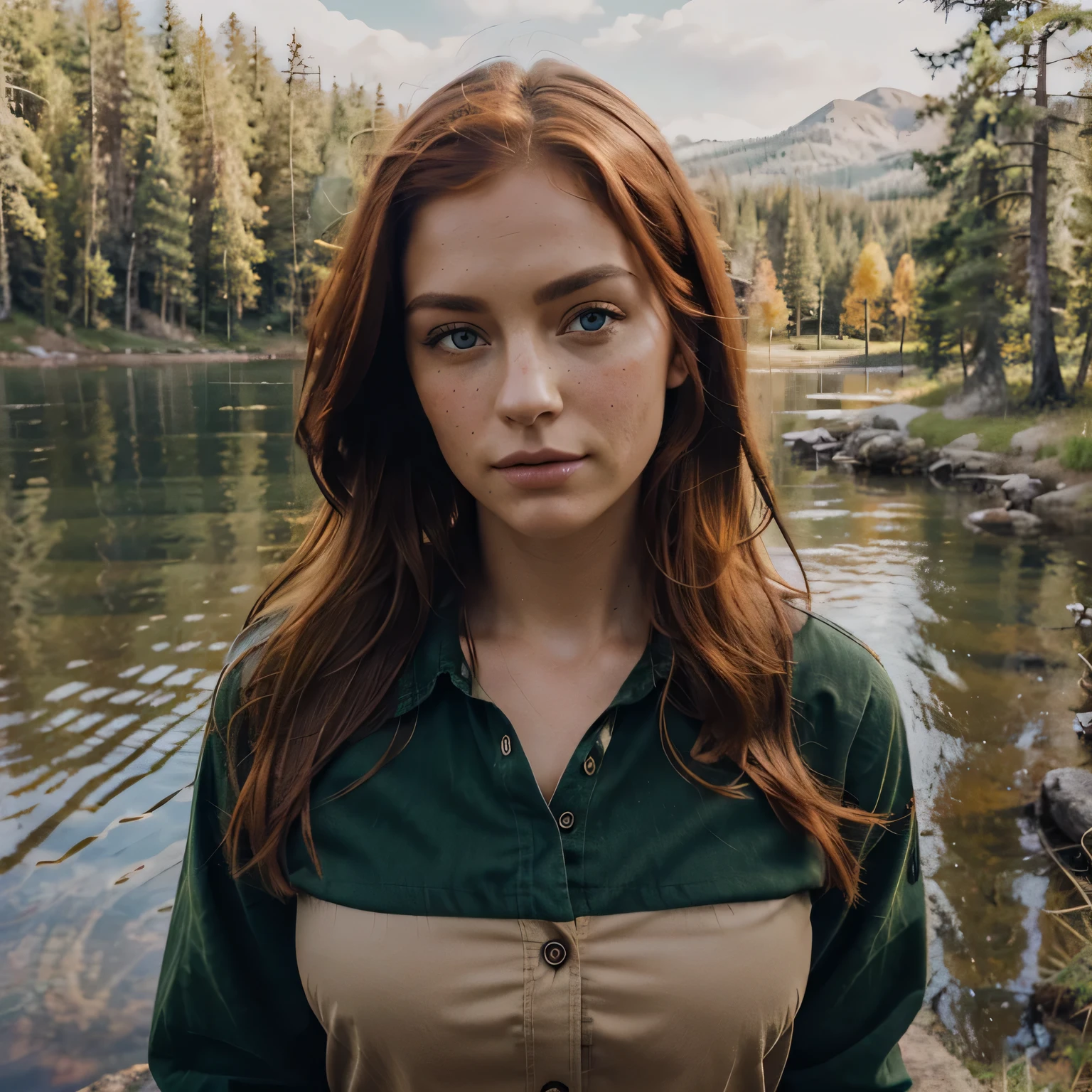 Masterpiece, Realistic, detailed, beautiful woman, deep green eyes, cowboy copper hair, freckle, in front of a canadian lake, wearing an open lumberjack shirt