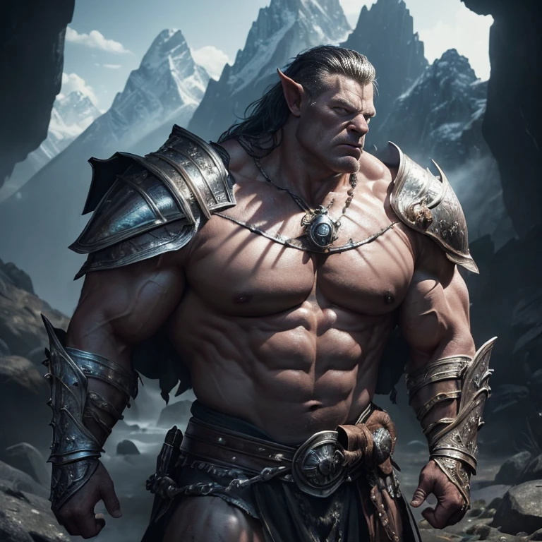 (master piece:1.5), (best quality:1.5), (exquisite lighting and shadow, highly dramatic picture, cinematic lens effect) (Photorealistic picture) (Card game image) 8k, wallpaper, dynamic pose, a big muscle white skin orc knight wearing a damaged silver armor, large arms, mountains cave background, highly detailed, realistic, cinematic lighting, studio quality