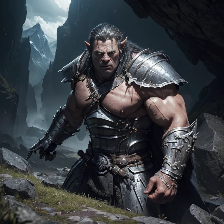 (master piece:1.5), (best quality:1.5), (exquisite lighting and shadow, highly dramatic picture, cinematic lens effect) (Photorealistic picture) (Card game image) 8k, wallpaper, dynamic pose, a big muscle white skin orc knight wearing a damaged silver armor, large arms, mountains cave background, highly detailed, realistic, cinematic lighting, studio quality