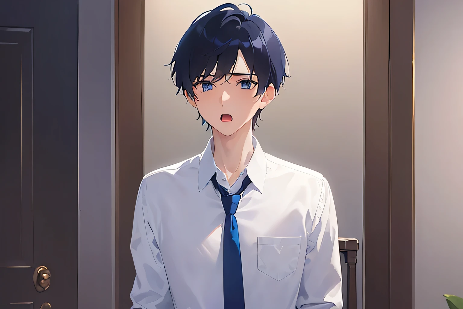 masterpiece、highest quality、(25-year-old male:1.5) and (Black short hair) and (blue eyes), (White collared shirt) and (Blue tie)、Are standing、(surprised:1.2), open mouth, The background is the hotel room、(Alone:1.5)