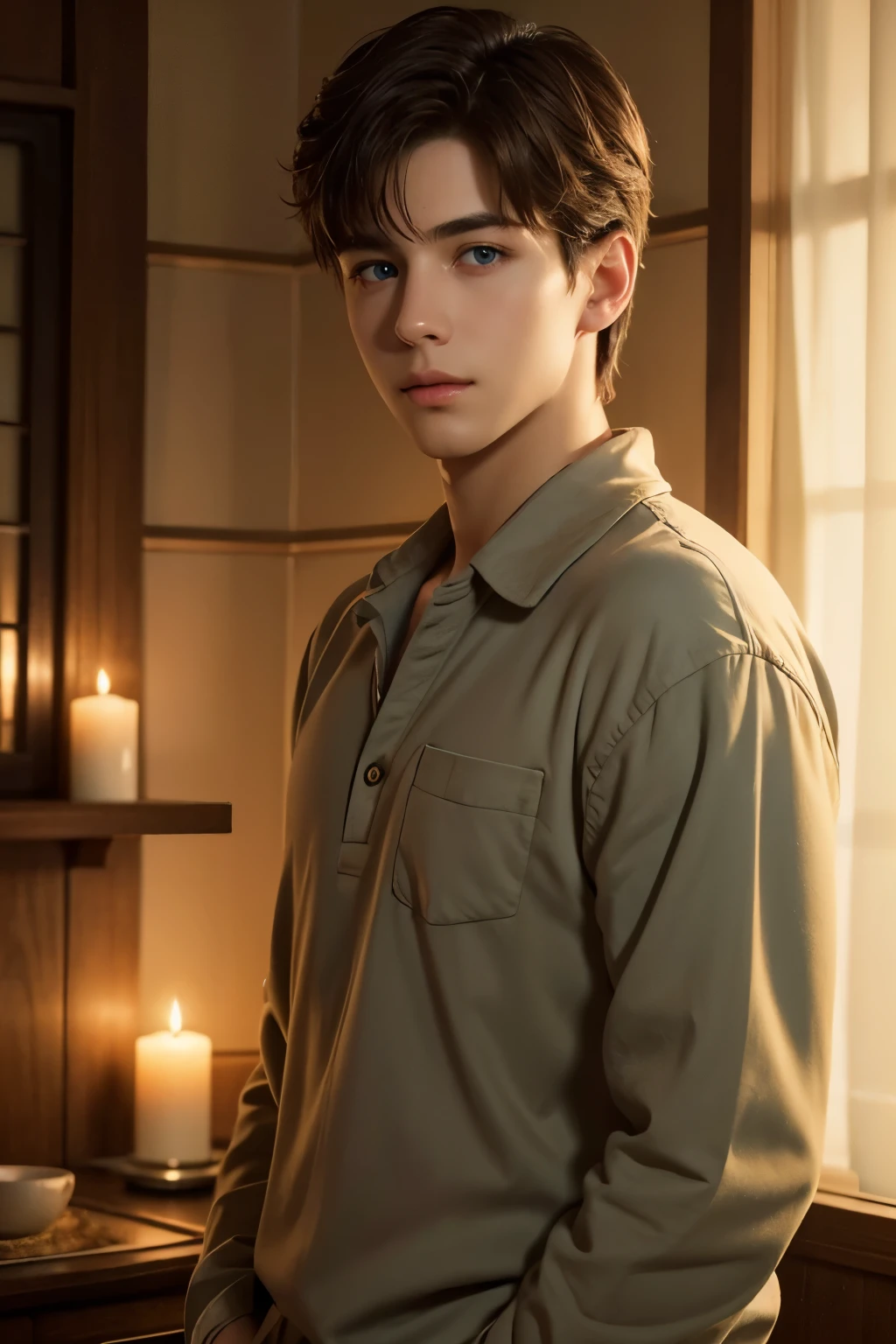 (Best Quality, Realistic), 12 Years 1Boy, Detailed Eyes, Detailed Lips, Brown Hair, Blue Eyes, Watching, Room, Cozy Ambience, Soft Lighting, Tranquil Ambience, Male