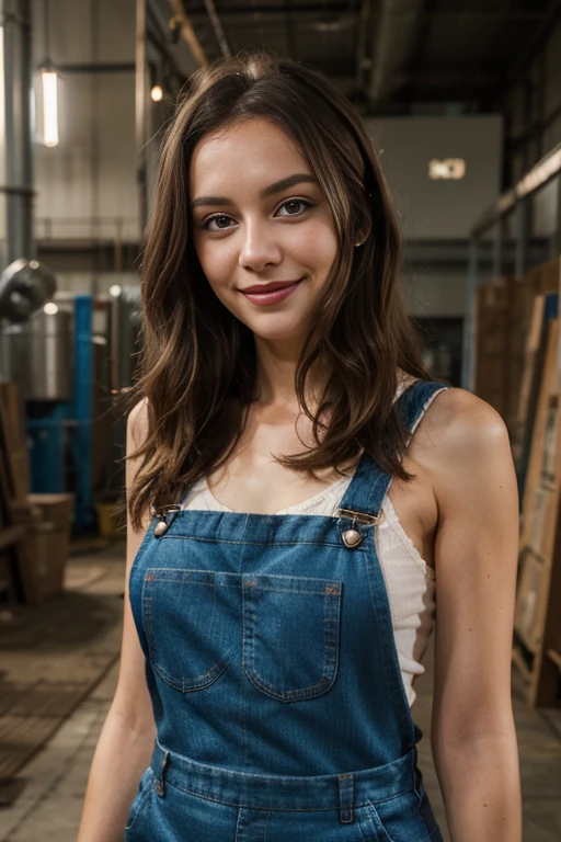 a woman, 25ear old, long brunette hairs, 8K, UHD, flash lighting, professional lighting, textured skin, romantic smile, dans une usine, wearing only an overalls, lace overalls